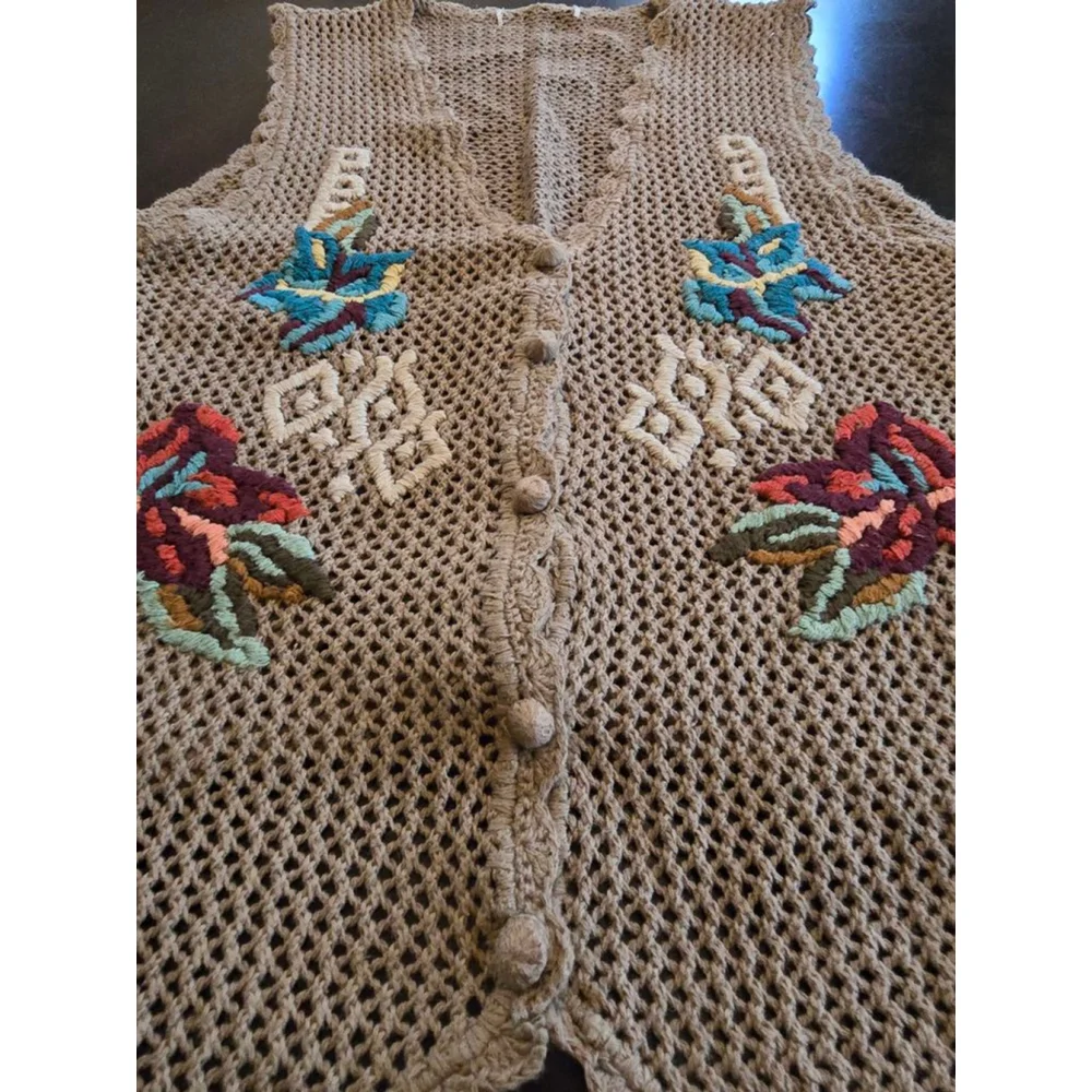 Women's Vintage Crochet Embroidered Vest M Beige Multicolor Retro Boho Festival